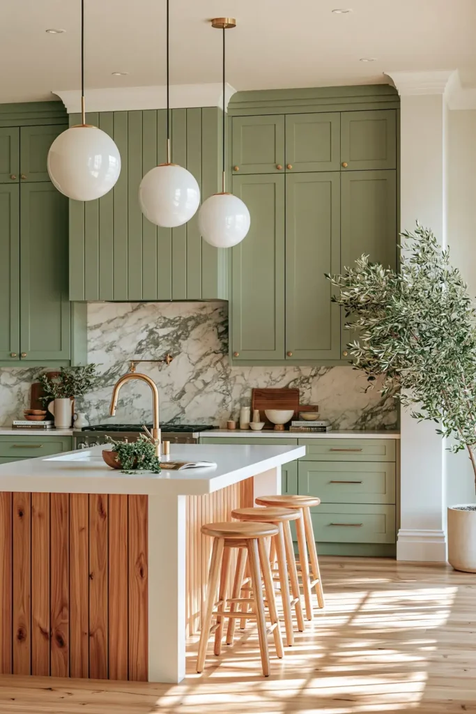 Modern sage kitchen with marble backsplash, white island, wood stools, gold faucet, globe pendant lights, and leafy plant.