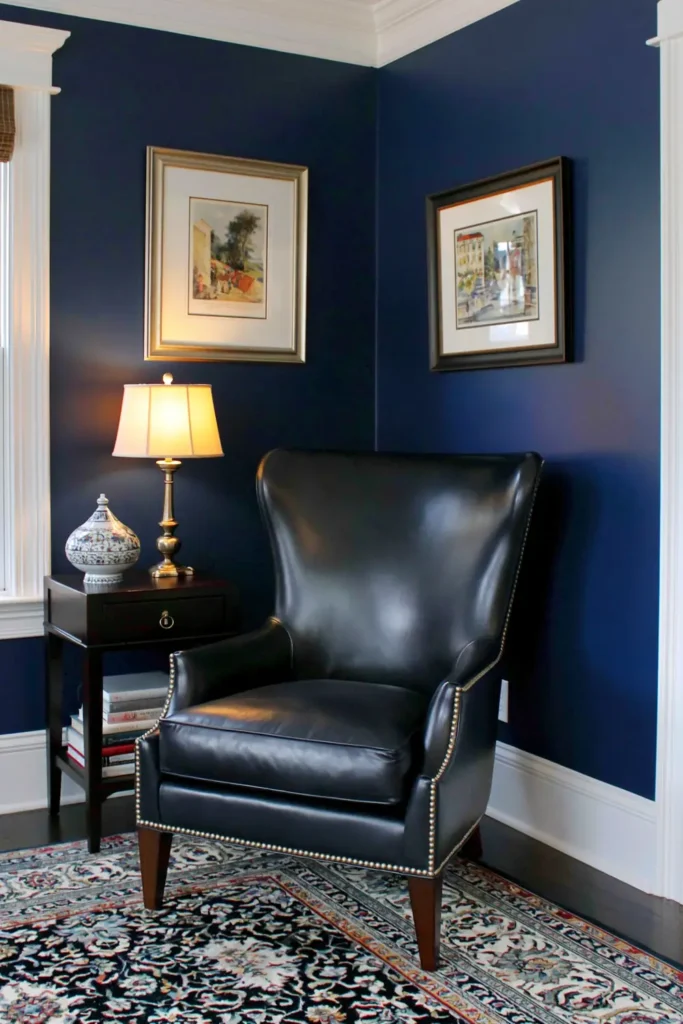 Moody den with Hale Navy walls, a leather lounge chair, warm lamp light, and classic dark wood details.