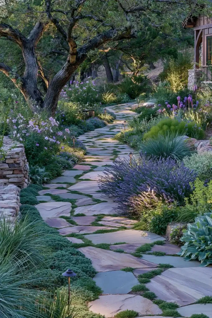 Stunning Garden Walkway Layout Ideas for a Beautiful Outdoor Path 13 Moonlit garden walk with winding path, warm pathway lights, lavender, blooming flowers, and soft greenery.