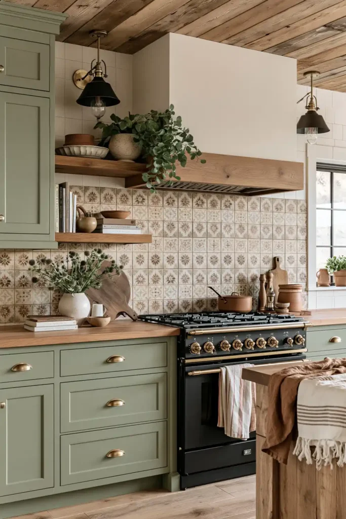 Dark sage kitchen with colorful Moroccan-style backsplash, black stove, wood counter, open shelf, leafy plant, and towels.