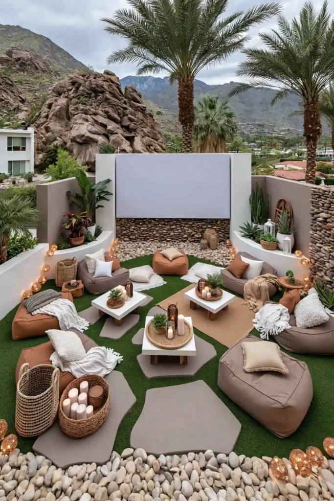 Brilliant Home Design Makeover Ideas for a More Personal Home 30 Outdoor movie night setup with large white screen, floor cushions, blankets, candles, and warm lights