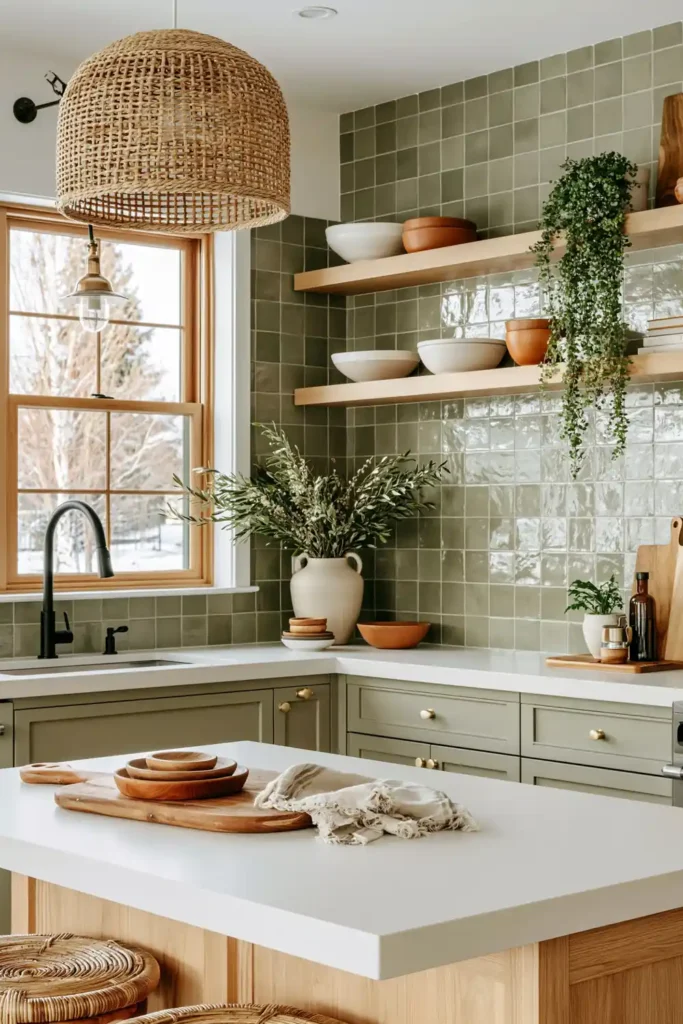 Sage kitchen with tile backsplash, woven pendant, open shelves, black faucet, white counter, wood accents, and warm light.