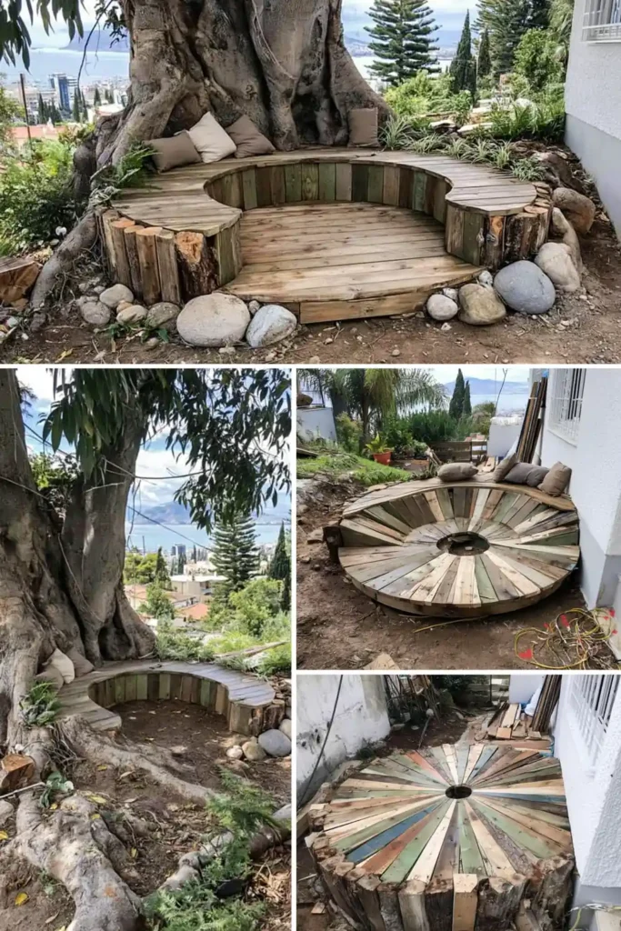 Brilliant Home Design Makeover Ideas for a More Personal Home 33 Custom wooden bench wrapping around a tree with circular deck-like seating and radial support boards