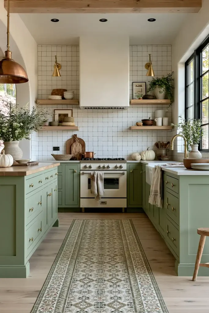 Sage kitchen with patterned floor detail, white subway backsplash, copper pendant, open shelves, stove, pumpkins, and wood accents.