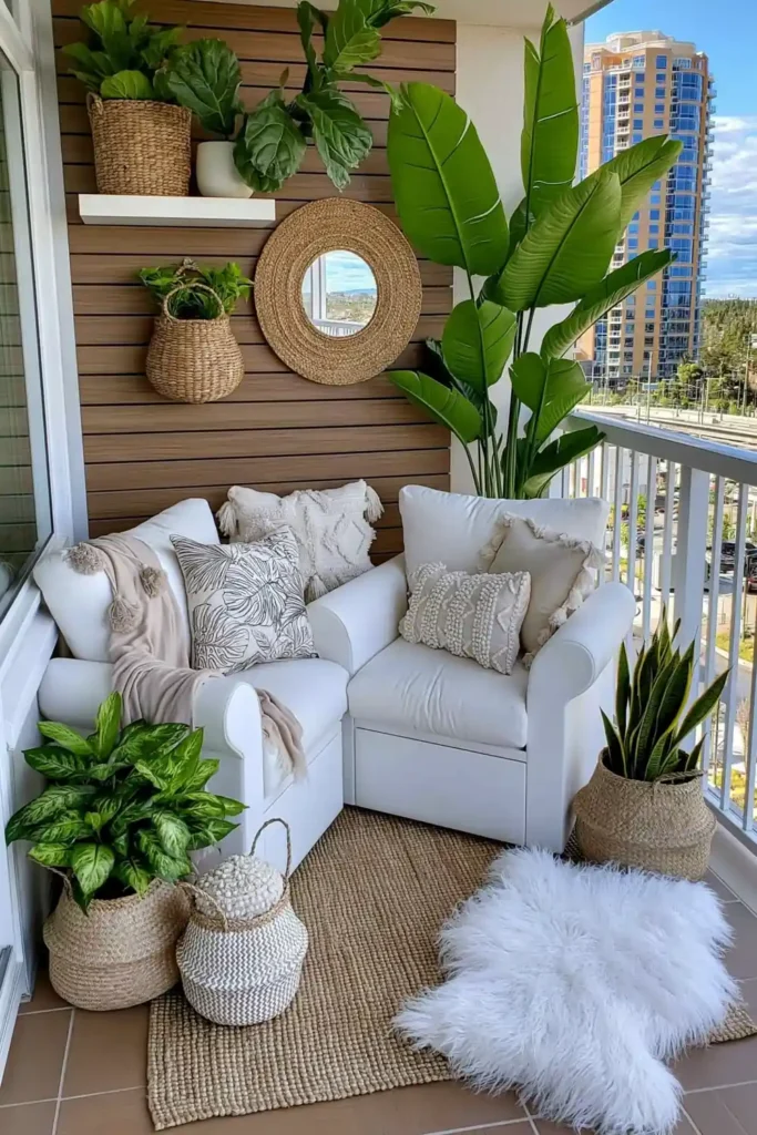 Brilliant Home Design Makeover Ideas for a More Personal Home 3 Boho sitting room with wood slat wall, woven baskets, leafy plants, and natural textures