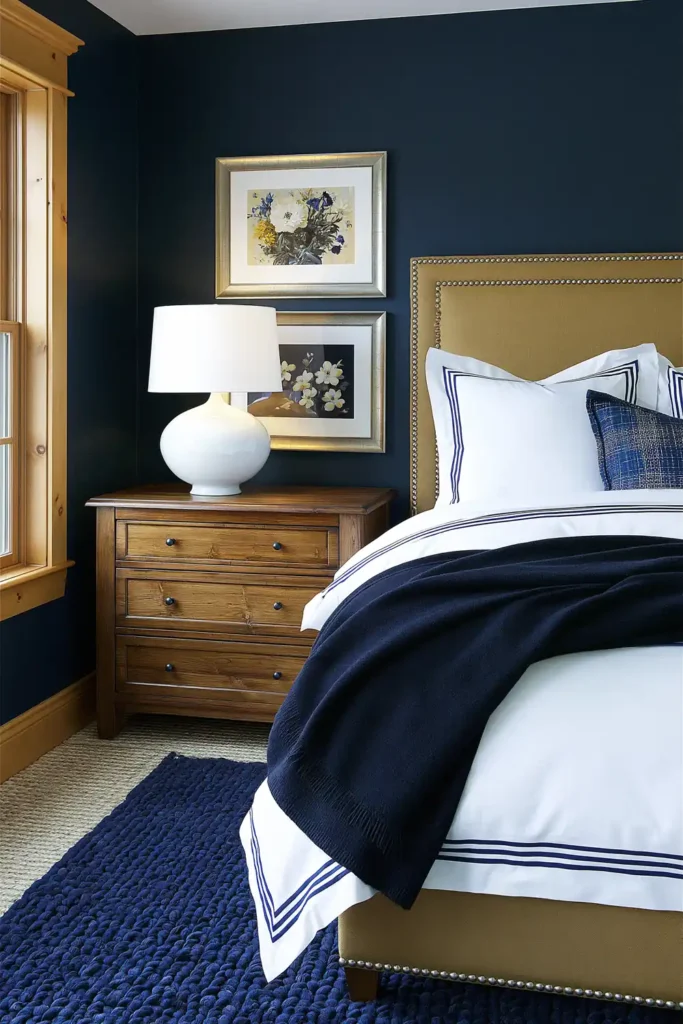Nautical classic guest room with dark navy walls, a tan upholstered headboard, white bedding, and a wooden nightstand.