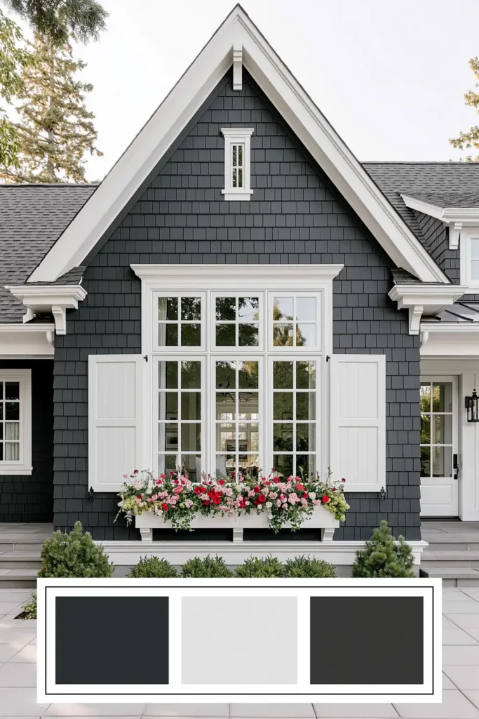 Classic Exterior Paint Color Combinations for a Timeless Home Look 7 Navy blue shingled exterior with white shutters, white trim, a flower box, small shrubs, and charcoal paint swatches.