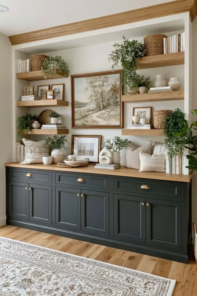 Navy farmhouse built-ins with oak shelf ledges, brass pulls, large landscape art, books, baskets, plants, and neutral decor