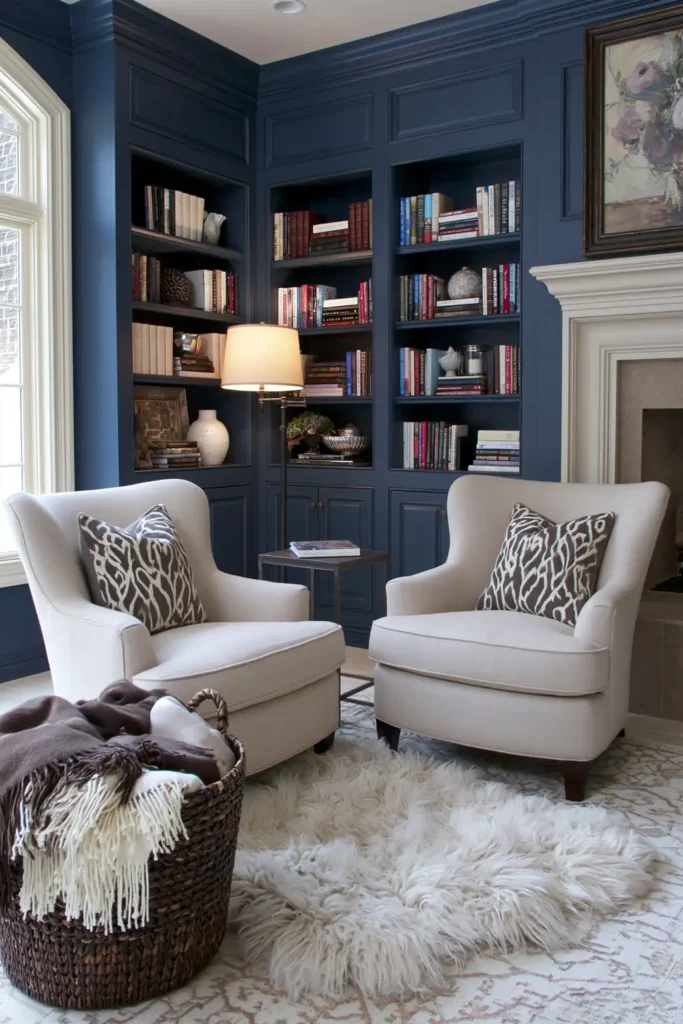 Navy seating alcove with plush chairs, bookshelves, a sheepskin rug, throw basket, and warm reading light.