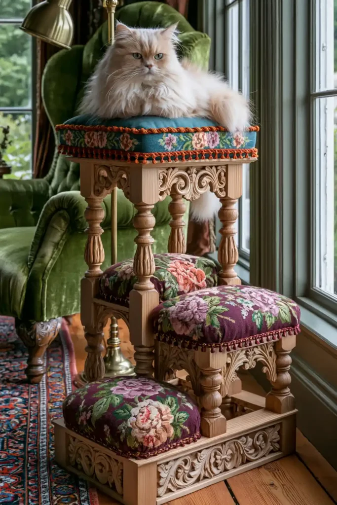 Needlepoint cushion cat tree with vintage floral patterns, teal and burgundy perches, and warm living room decor.