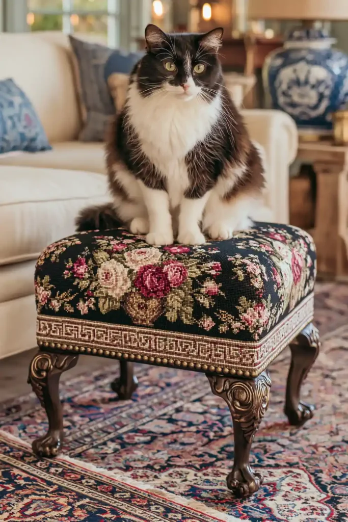 Needlepoint footstool turned elevated cat bed with black floral rose cushion, carved dark wood legs, cream sofa, patterned rug, and blue and white lamp.