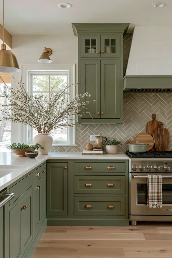 Sage kitchen with herringbone tile backsplash, white counter, window, vase with branches, stove, and wood cutting boards.