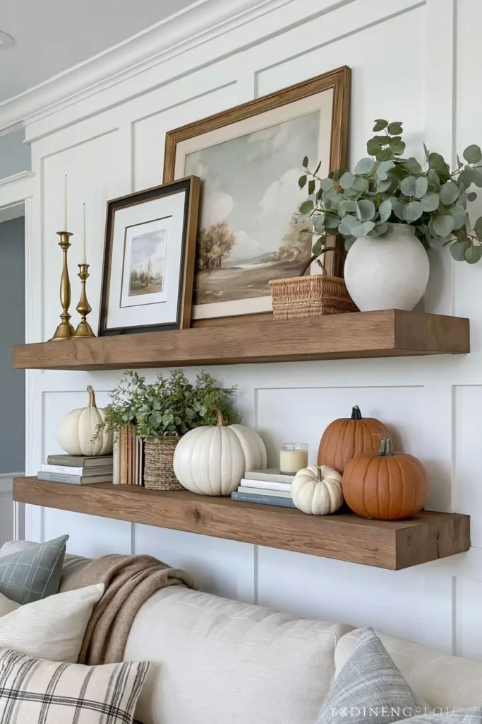 Oak farmhouse mantel ledges with brass candlesticks, framed artwork, eucalyptus greenery, stacked books, pumpkins, and woven texture