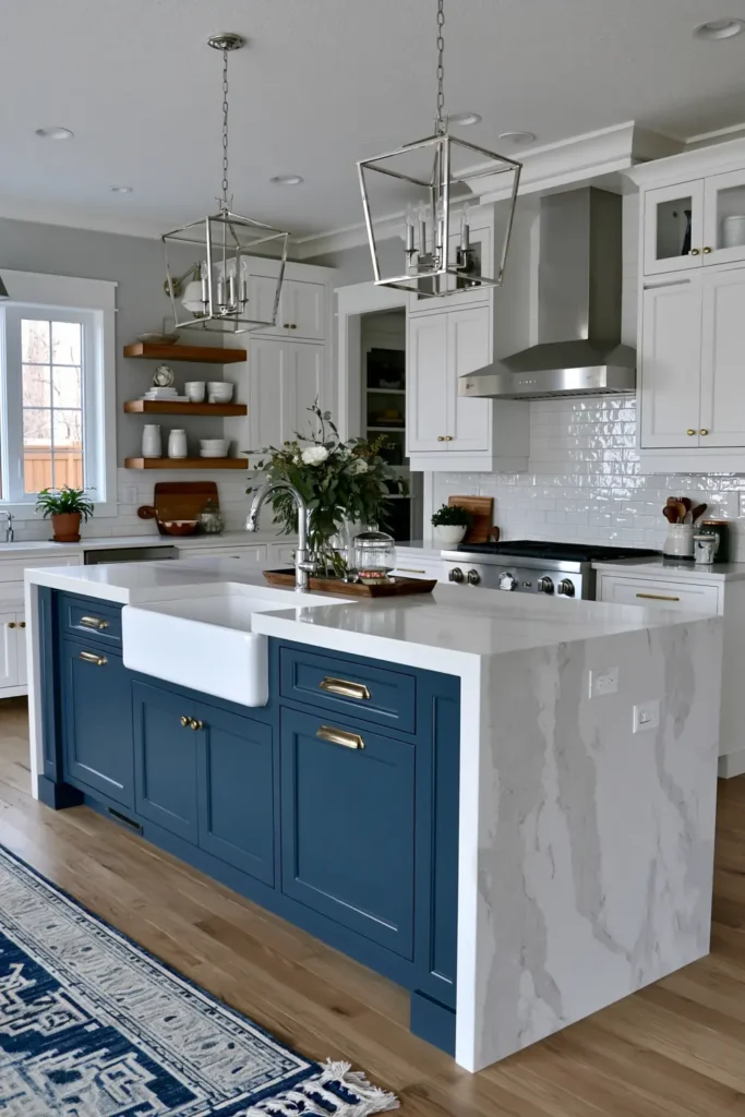 Bright kitchen with a deep navy island, white cabinets, marble-look countertop, and geometric pendant lights.