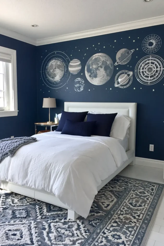 Boy’s bedroom with an Old Navy accent wall, solar system wall stickers, glow stars, and simple white bedding.
