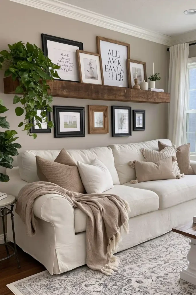 One chunky farmhouse shelf above a cozy gallery wall with black and wood frames, trailing pothos, sofa pillows, throw blanket, and patterned rug