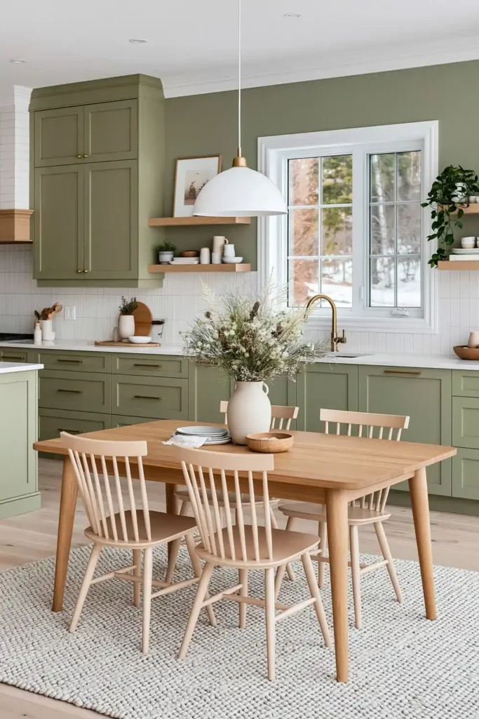 Open concept sage kitchen beside a dining area with pale chairs, wood floor, pendant light, window, and kitchen shelves.