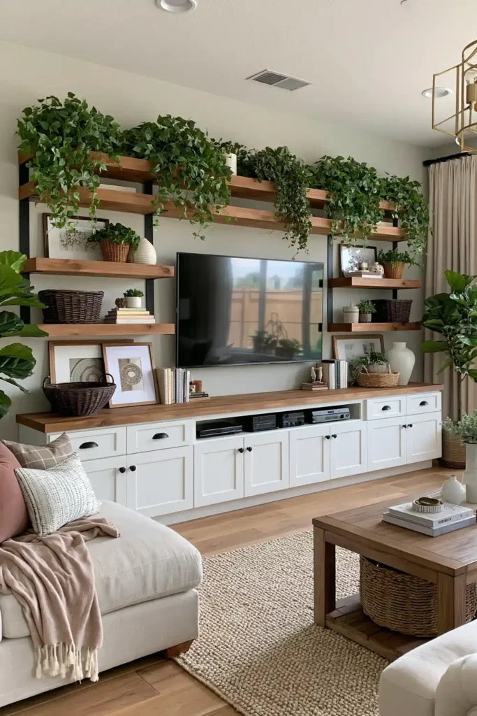 Open farmhouse TV wall shelves with black metal supports, white base cabinets, trailing plants, dark baskets, books, and framed decor