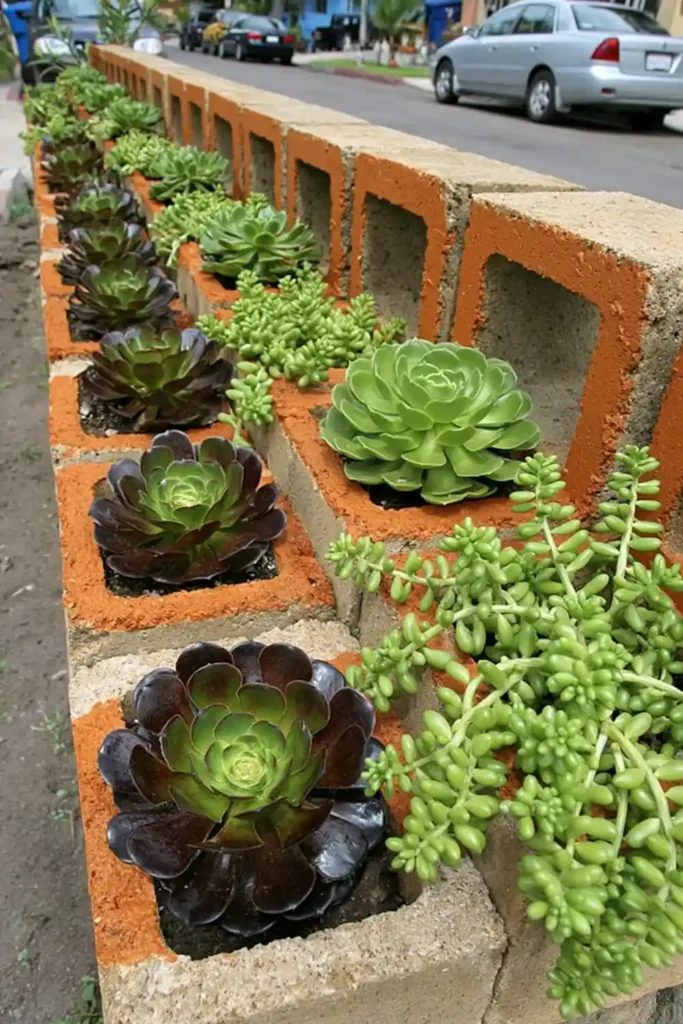 20 Budget-Friendly Outdoor Landscaping Ideas for a Charming Yard 17 Orange painted cinder block planters filled with colourful succulents for bright garden decor.