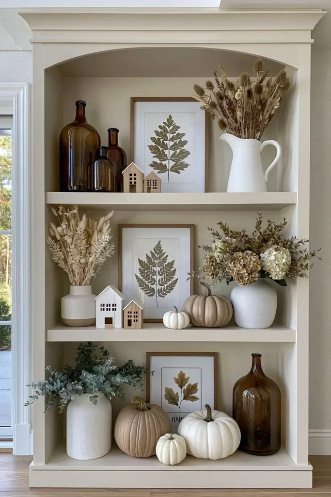 Pale farmhouse shelves with amber glass bottles, dried stems, pumpkins, framed botanical art, a white pitcher, and small wooden houses