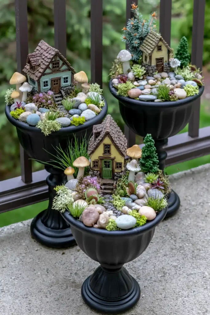 DIY Outdoor Fairy Garden Ideas for Tiny Backyard, Patio, and Seasonal Displays 3 Patio balcony fairy garden display with three raised black pedestal containers, tiny houses, mushrooms, stones, and greenery.