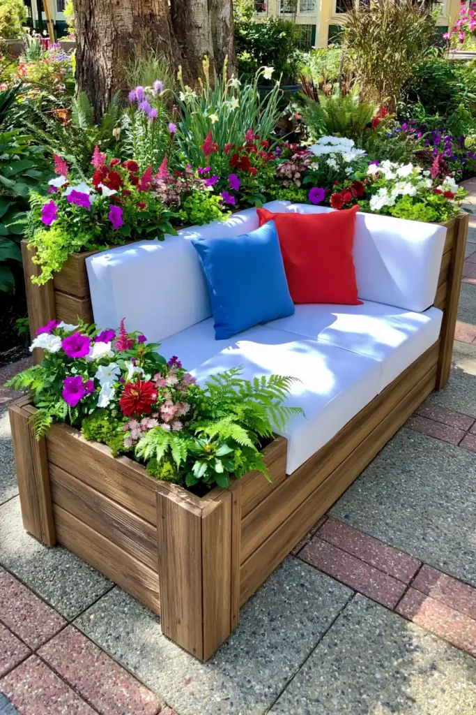20 Budget-Friendly Outdoor Landscaping Ideas for a Charming Yard 18 Wooden patio daybed with integrated planting spaces filled with flowers, ferns, and greenery.