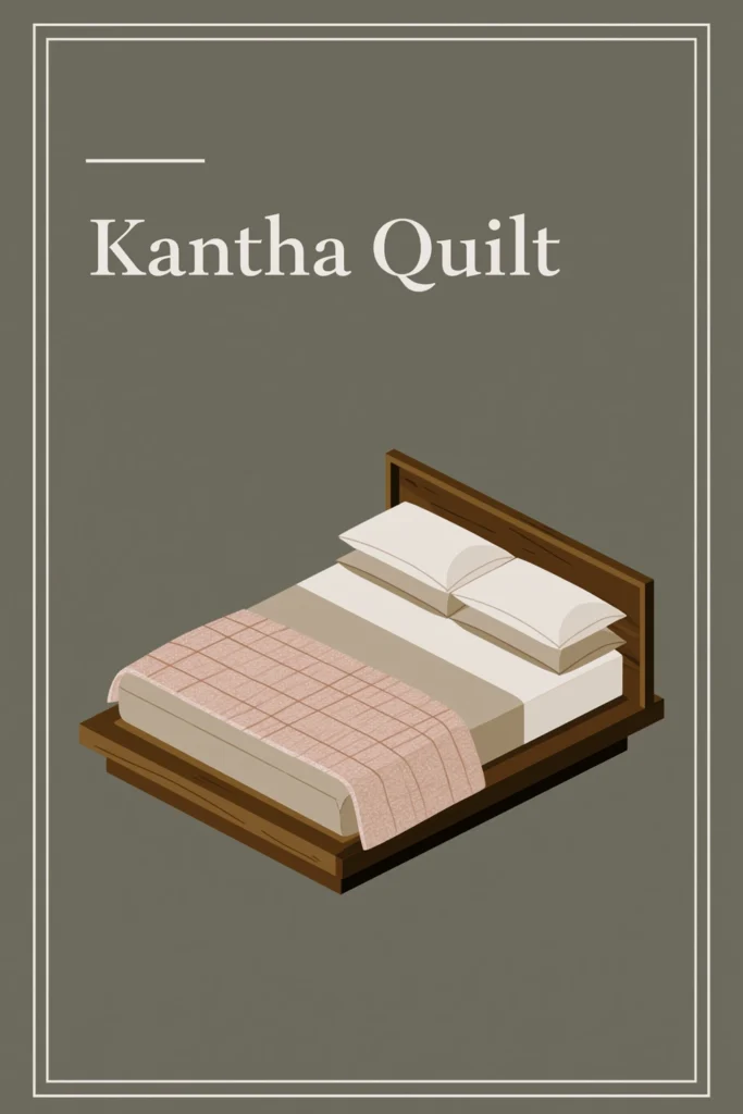 Designer Bed Layering and Styling Ideas for a Polished Bedroom Look 3 Patterned Kantha quilt layered over neutral bedding in a designer bed styling diagram.