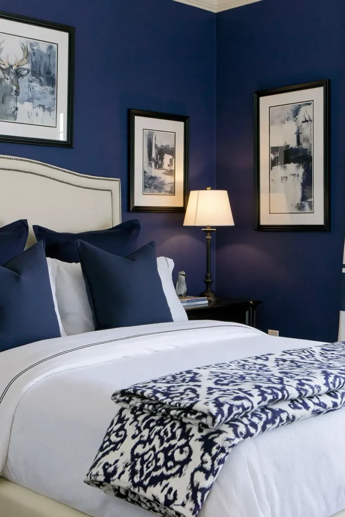Peacock blue bedroom with a cream upholstered headboard, white bedding, dark pillows, and warm evening lamp glow.