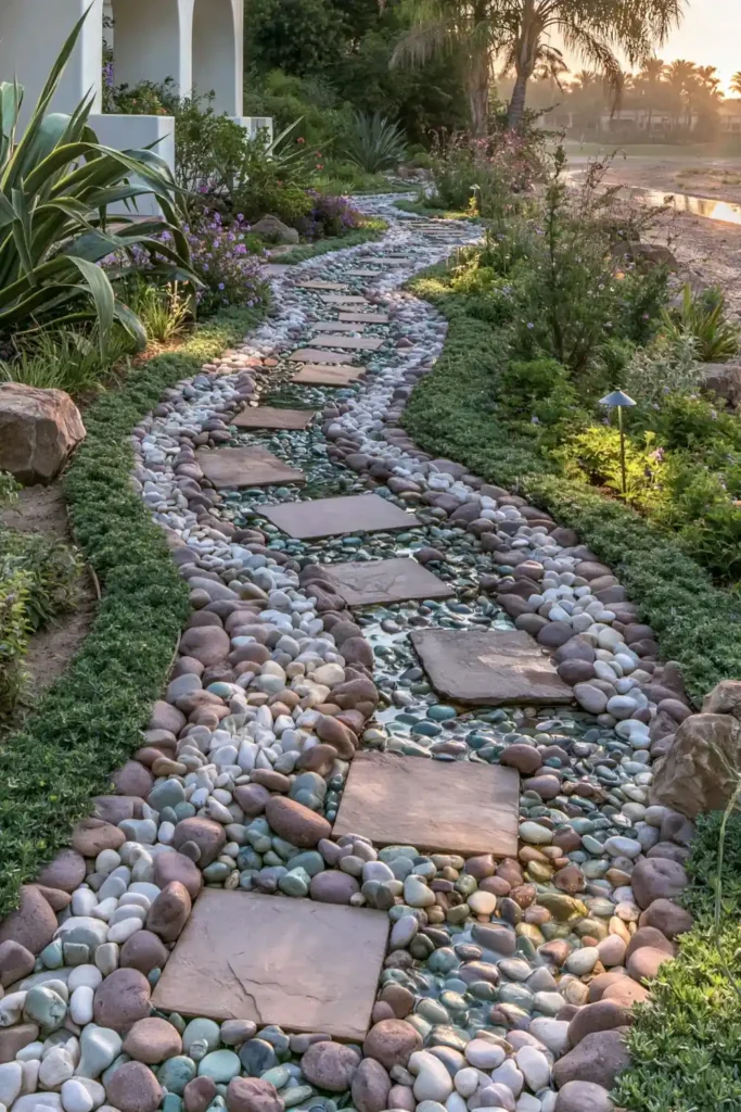 Stunning Garden Walkway Layout Ideas for a Beautiful Outdoor Path 21 Pebble river garden trail with flowing stone patterns, smooth pebbles, large slabs, and lush green edges.