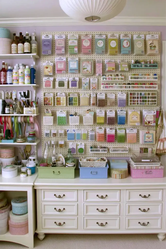 Craft room peg board organization with scrapbooking supplies, shelves, tools, ribbons, and white drawers