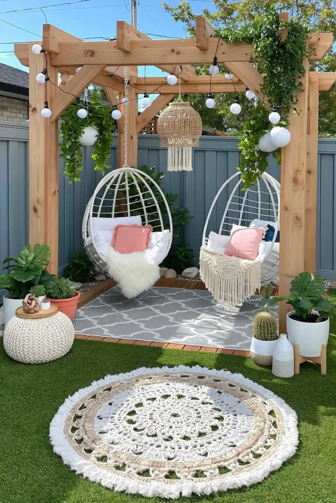 Brilliant Home Design Makeover Ideas for a More Personal Home 34 Light wood backyard pergola with hanging chairs, potted plants, green lawn, and gray fence