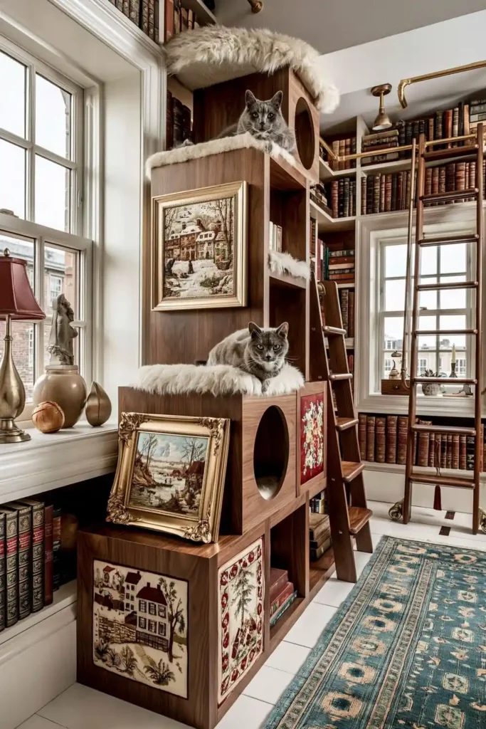 Walnut cat tree with petit point embroidered panels, library bookshelves, ladder, blue rug, and a gray cat on an upper perch.