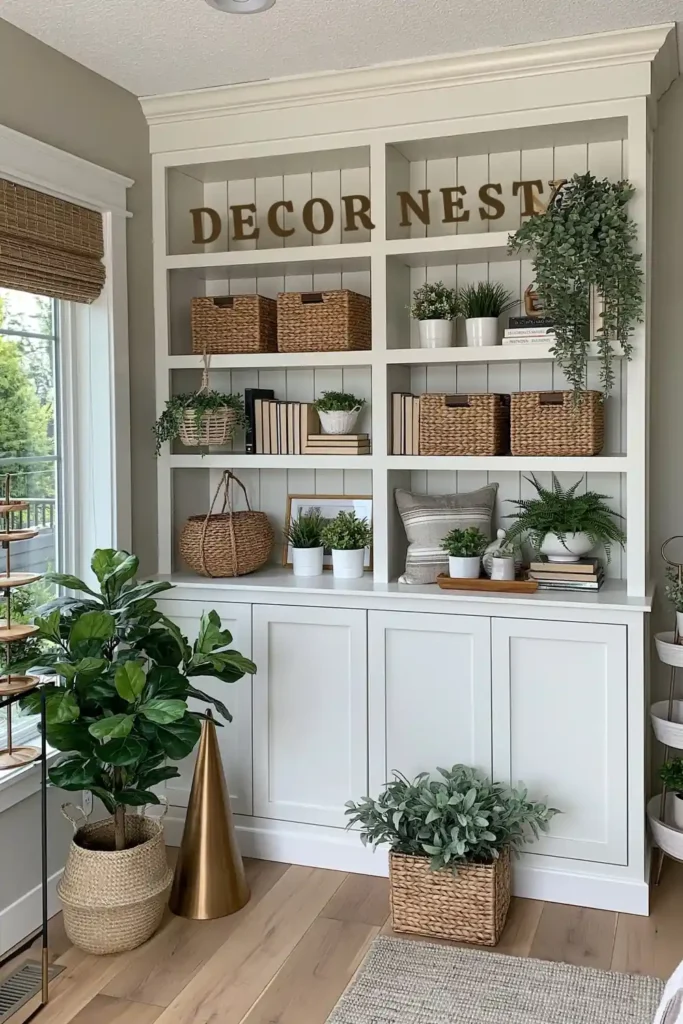 Playful farmhouse built-in shelves with brass letters, woven baskets, books, white potted plants, a hanging basket, and a tiered plant stand
