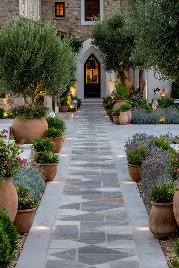Stunning Garden Walkway Layout Ideas for a Beautiful Outdoor Path 17 Polished courtyard path with smooth paving, terracotta pots, lavender, olive trees, flowers, and lush greenery.