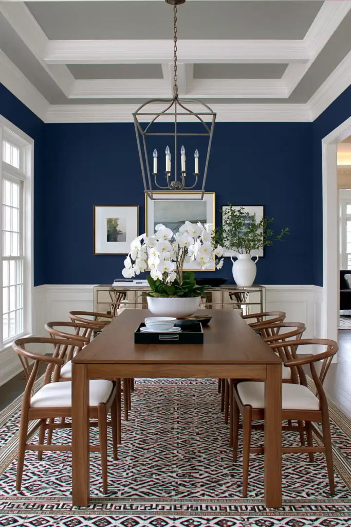Classic dining room with deep Polo Blue walls, crisp white trim, wood table, patterned rug, and metal chandelier.