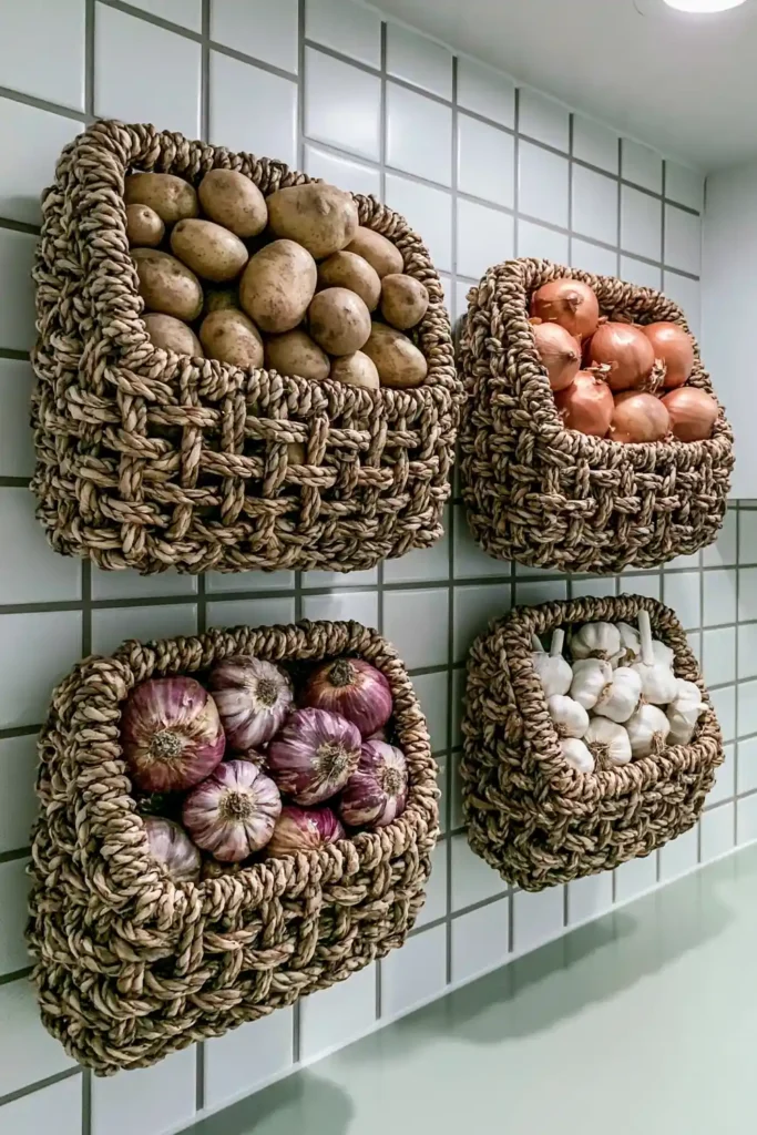Brilliant Home Design Makeover Ideas for a More Personal Home 22 Woven hanging baskets holding potatoes, onions, and garlic against a white tiled kitchen wall
