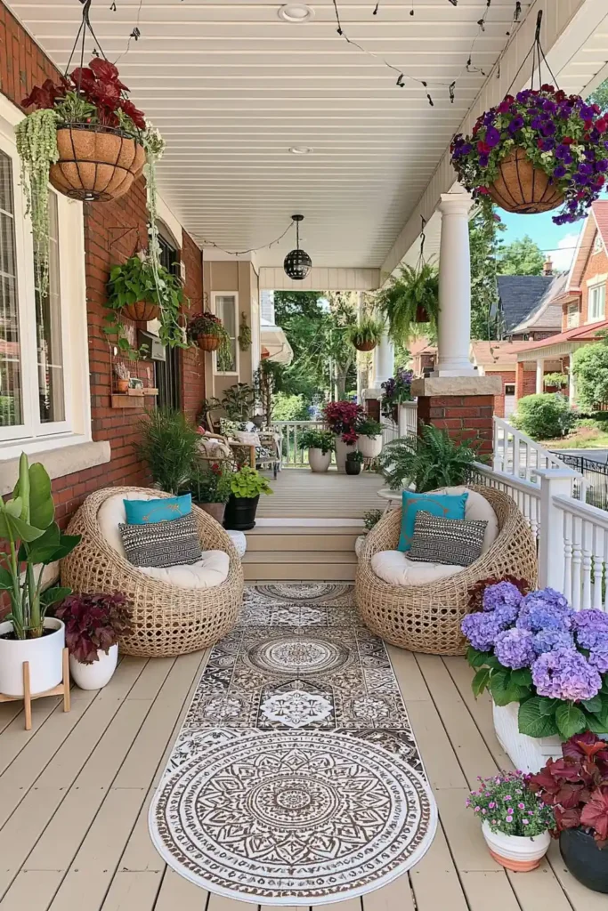 Brilliant Home Design Makeover Ideas for a More Personal Home 24 Covered front porch with wicker chairs, hanging baskets, purple hydrangeas, and potted plants
