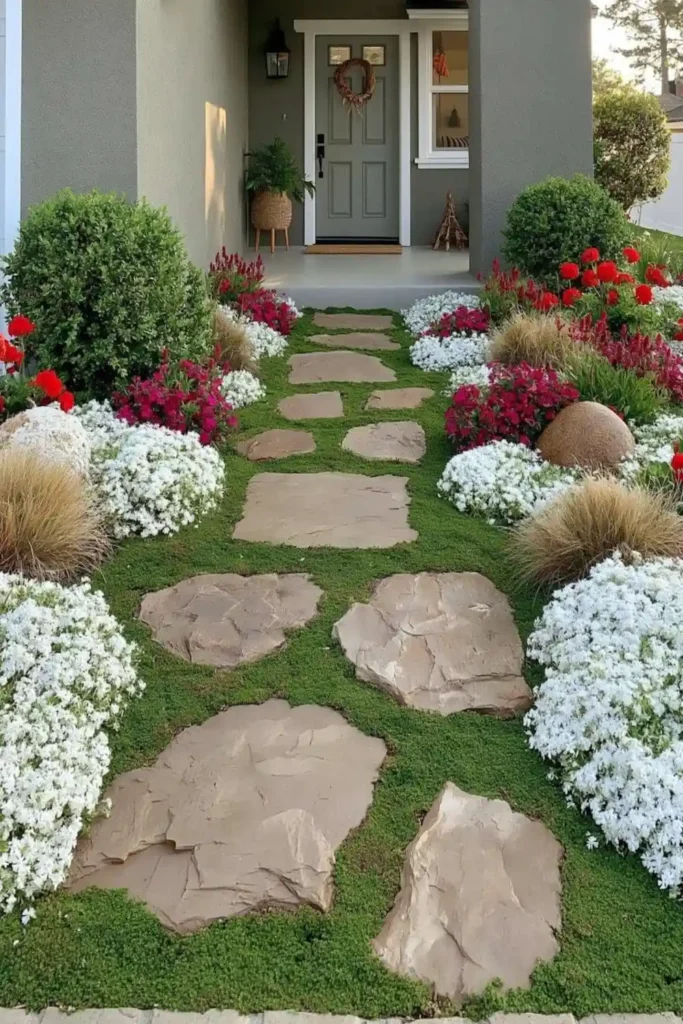Brilliant Home Design Makeover Ideas for a More Personal Home 38 Front yard walkway with irregular stone slabs, green groundcover, dense white flowers, shrubs, and red flowers