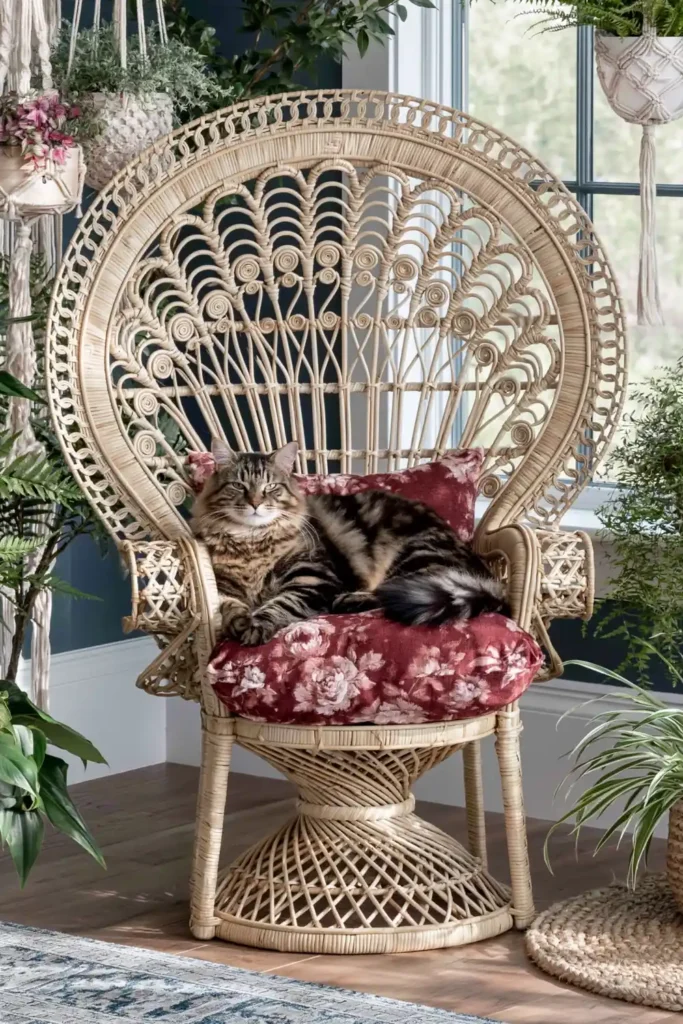 Rattan peacock chair cat throne with rust cushion, tabby cat, plants, macramé hangers, woven rug, and warm wood flooring.