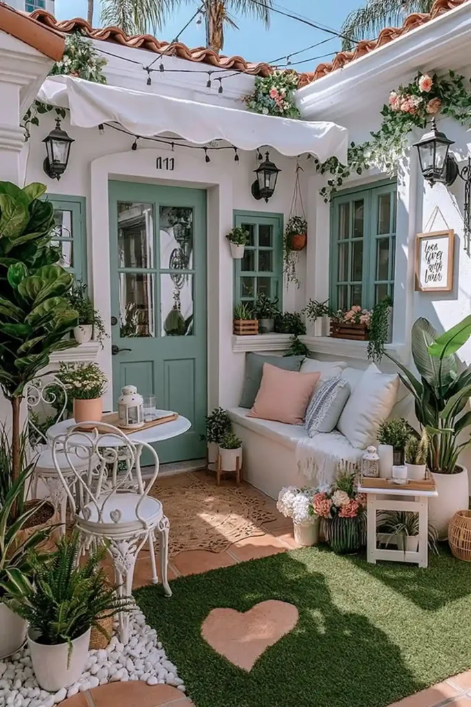 Brilliant Home Design Makeover Ideas for a More Personal Home 7 Small courtyard with green doors, white chairs, potted plants, and artificial grass for rental-friendly styling