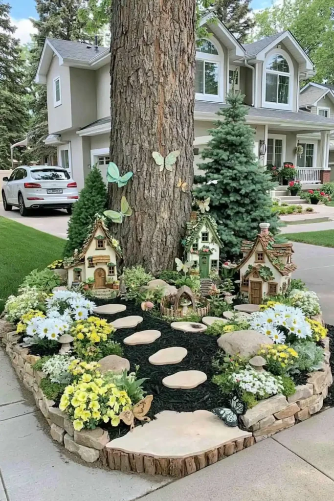 Brilliant Home Design Makeover Ideas for a More Personal Home 21 Tree trunk surrounded by a fairy garden with black mulch, stepping stones, bright flowers, and tiny houses