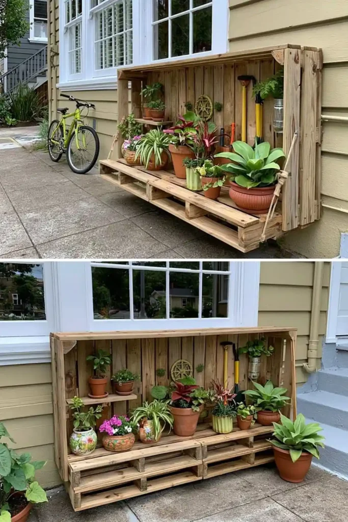 Brilliant Home Design Makeover Ideas for a More Personal Home 17 Repurposed pallet structure beside a house with potted plants and tools on a foldable shelf surface