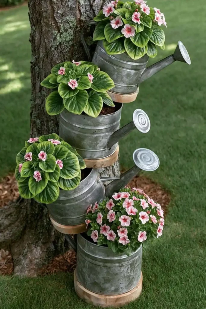 Brilliant Home Design Makeover Ideas for a More Personal Home 32 Tiered galvanized metal tub planter filled with pink flowers and green leaves near a tree