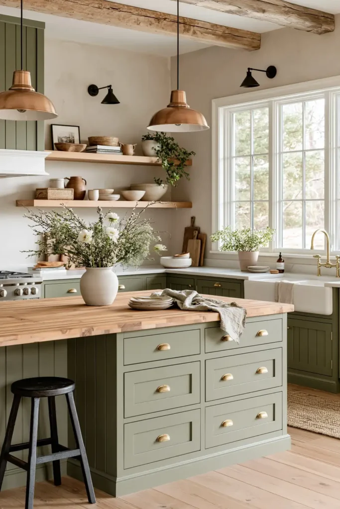 Rustic sage kitchen island with thick butcher block top, brass pulls, flower vase, wood shelves, copper pendants, and farmhouse sink.