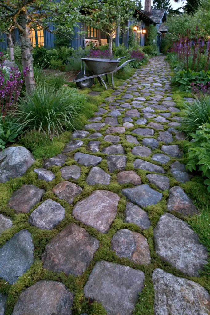 Stunning Garden Walkway Layout Ideas for a Beautiful Outdoor Path 4 Rustic country stone walkway with creeping moss, apple trees, native plants, and a weathered wheelbarrow.