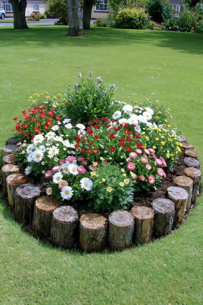20 Budget-Friendly Outdoor Landscaping Ideas for a Charming Yard 5 Circular flower bed with rustic log edging and colourful blooms in a green lawn.