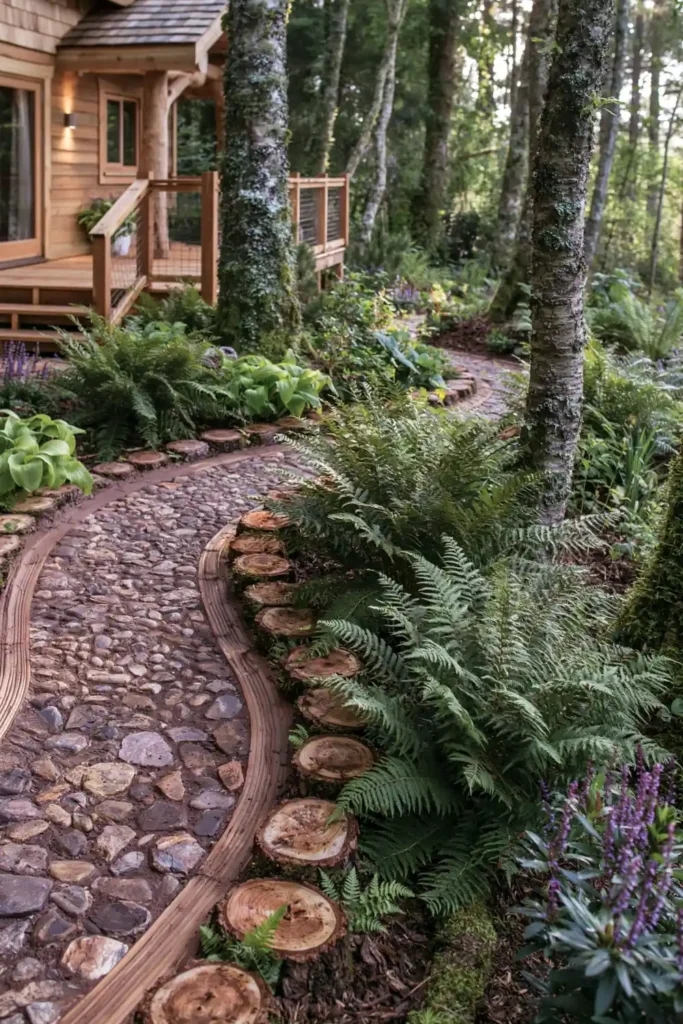 Stunning Garden Walkway Layout Ideas for a Beautiful Outdoor Path 23 Rustic woodland garden path with tree stumps, lush ferns, vibrant plants, and a soft curved layout.