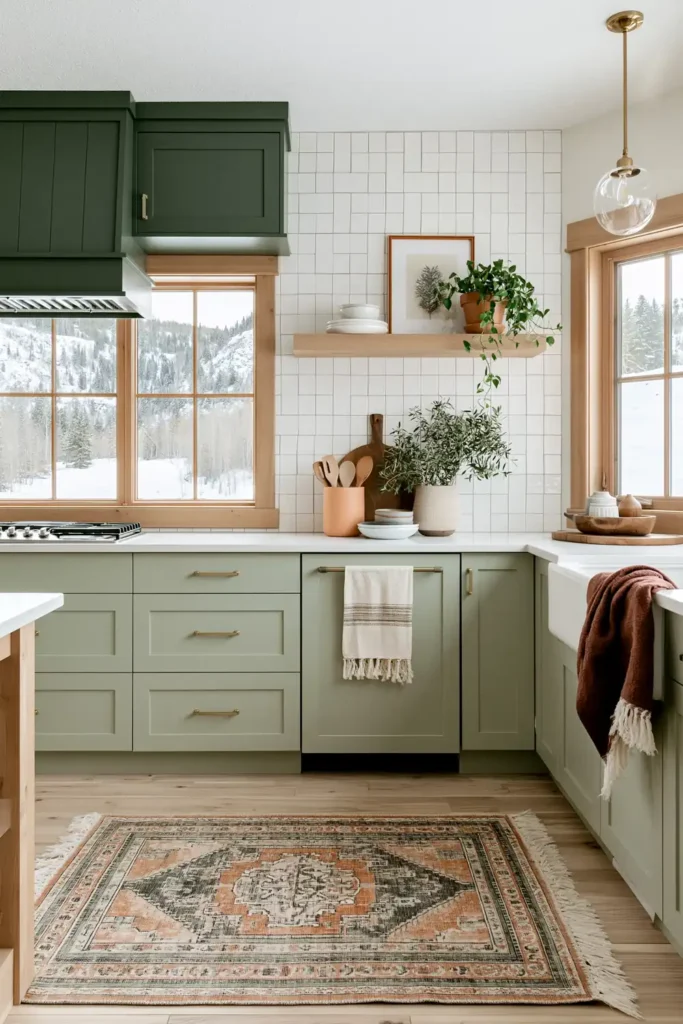 Sage green kitchen backdrop with white subway tile, peach utensil pot, potted plant, snowy window, and burgundy towel.