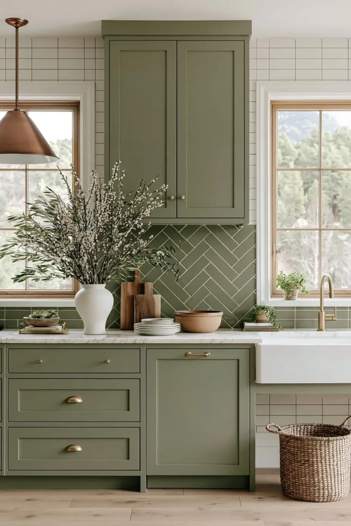 Dark sage kitchen with sage herringbone backsplash, marble counter, copper pendant, white vase, and woven basket.