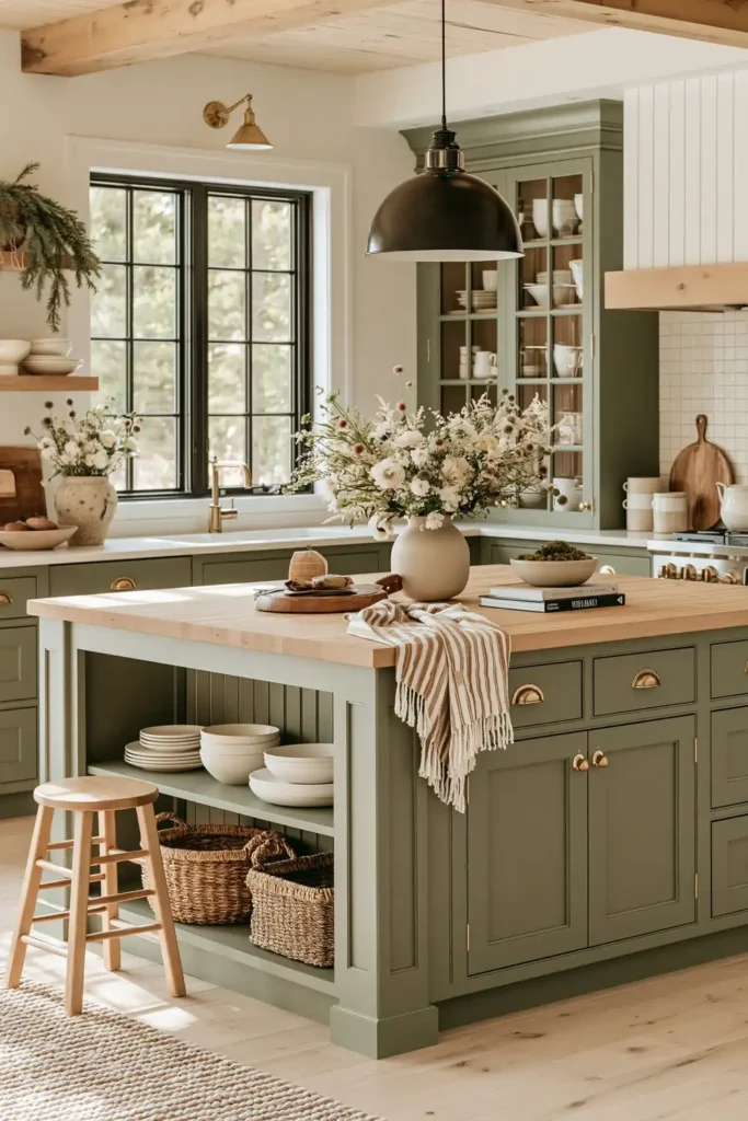 Sage green kitchen island with thick butcher block top, brass cup pulls, open shelf, white dishes, stool, and black pendant.